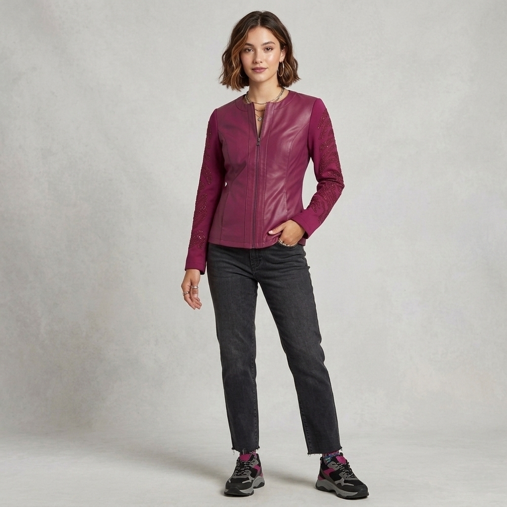 Colleen Lopez Beaded Sleeve Faux Leather Jacket. Merlot/Berry. Size XS